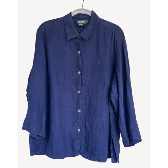 Lauren Ralph Lauren Womens 100% Linen Dark Blue Button Up 3/4 Sleeve - Picture 1 of 5